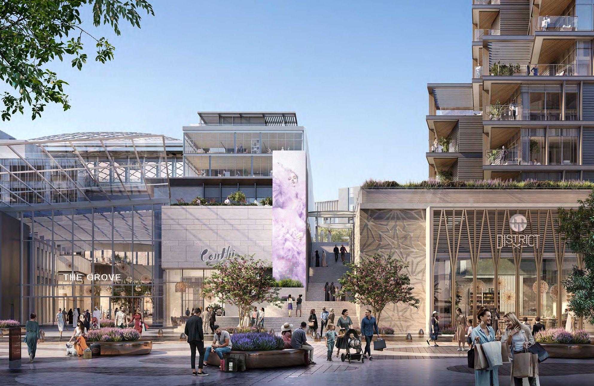 Grove Beach Views Saadiyat Grove Abu Dhabi modern exterior architecture surrounded by retail, dining, and cultural attractions.