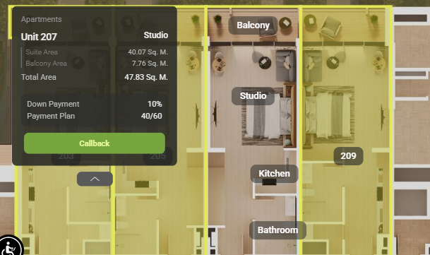 Studio apartment virtual tour at Grove Beach Views Saadiyat Grove Abu Dhabi showing open-plan modern layout.